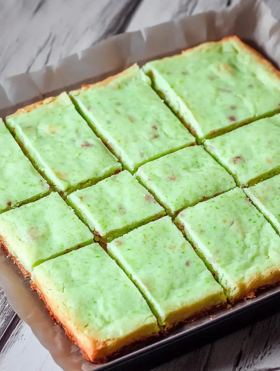Eine längliche Form mit grün gefärbten Dessertstücken, gleichmäßig geschnitten.