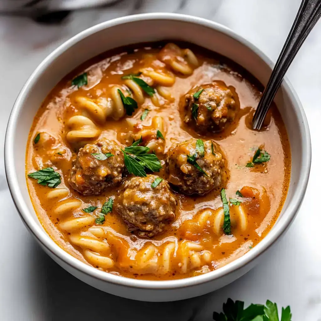 Schüssel mit herzhafter Fleischbällchen-Pasta-Suppe, garniert mit frischer Petersilie.