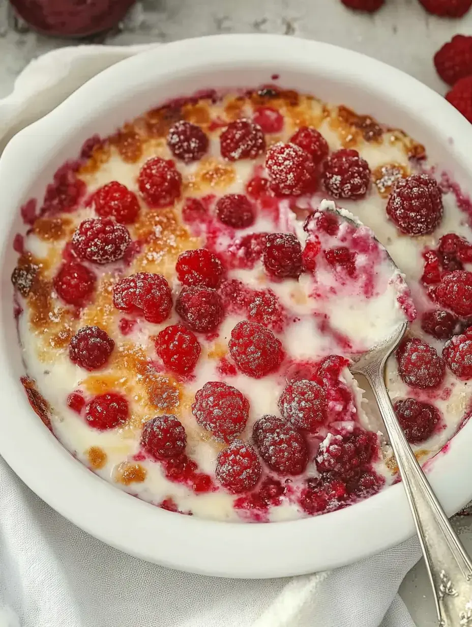 Ein cremiges Dessert mit frischen Himbeeren, serviert in einer weißen Schale und ein Löffel daneben.