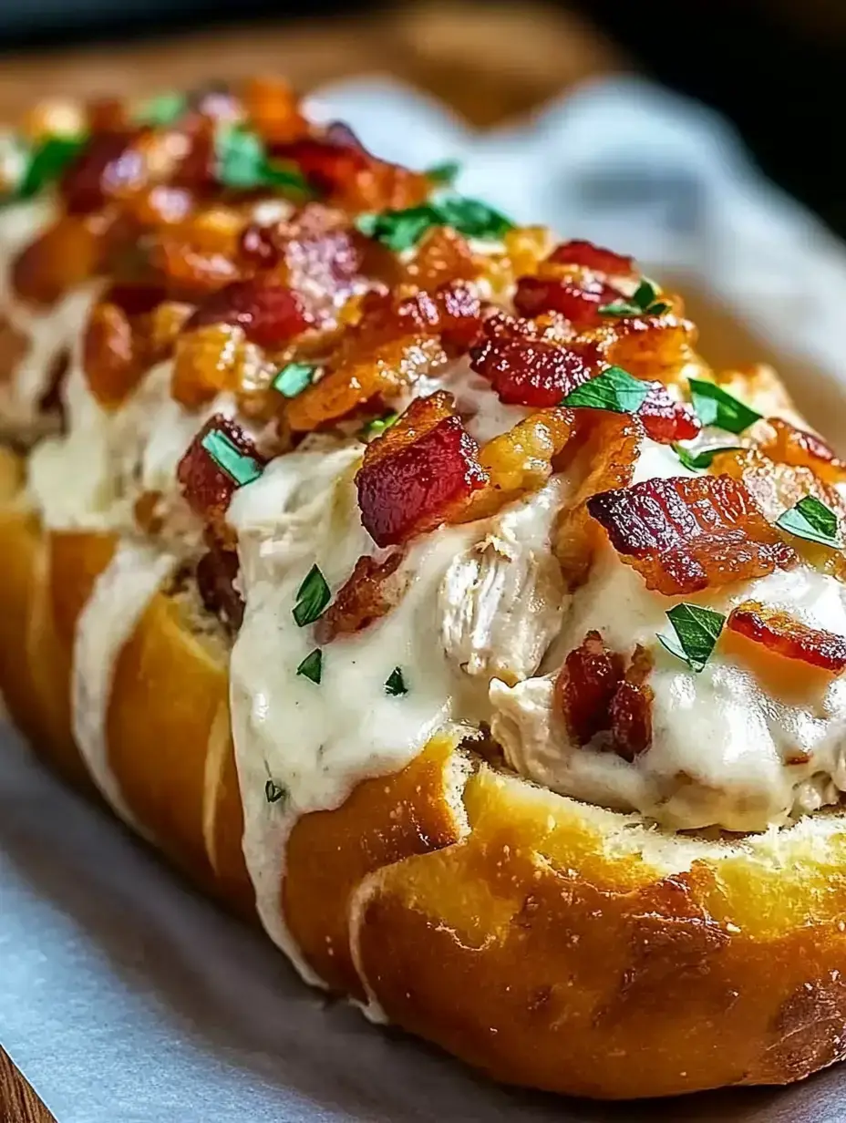 Ein gefülltes Brot mit cremiger Sauce, knusperigem Bacon und frischen Kräutern obendrauf.