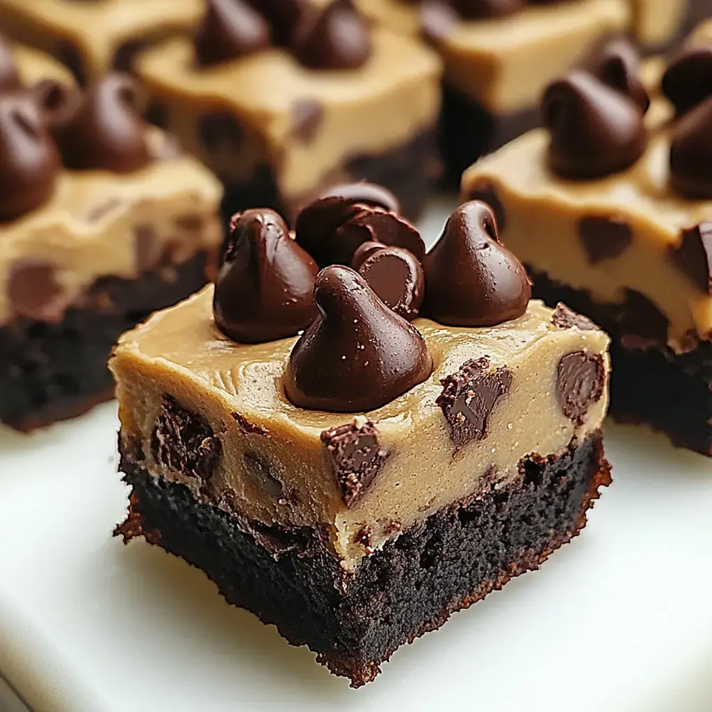 Nahaufnahme von Brownie mit Cookie Dough Cremeschicht und Schokostückchen obenauf.
