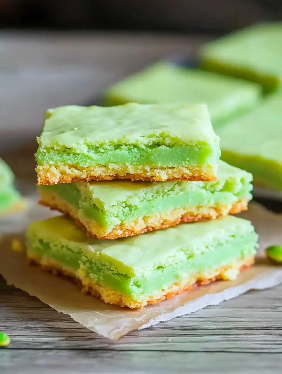 Drei grüne Dessert-Riegel mit goldbrauner Kruste liegen als Stapel auf Backpapier.