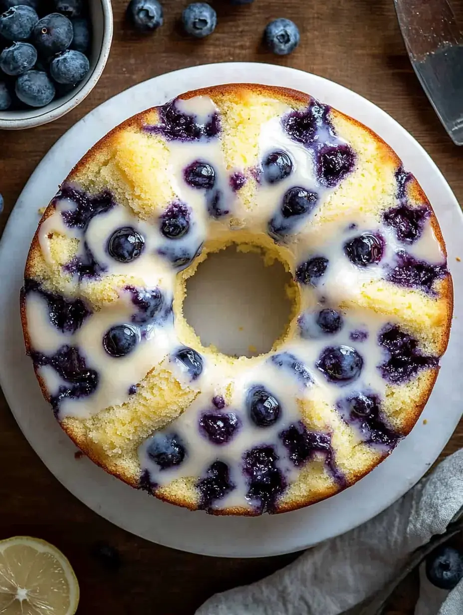 Ein glasierter Heidelbeer-Gugelhupf auf einem weißen Teller, drumrum frische Beeren. Ein Stück ist schon rausgeschnitten, die Zitronenscheibe schaut am Rand hervor.