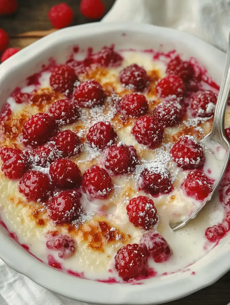 Ein cremiges Dessert mit frischen Himbeeren und Puderzucker, serviert in einer weißen Schale.