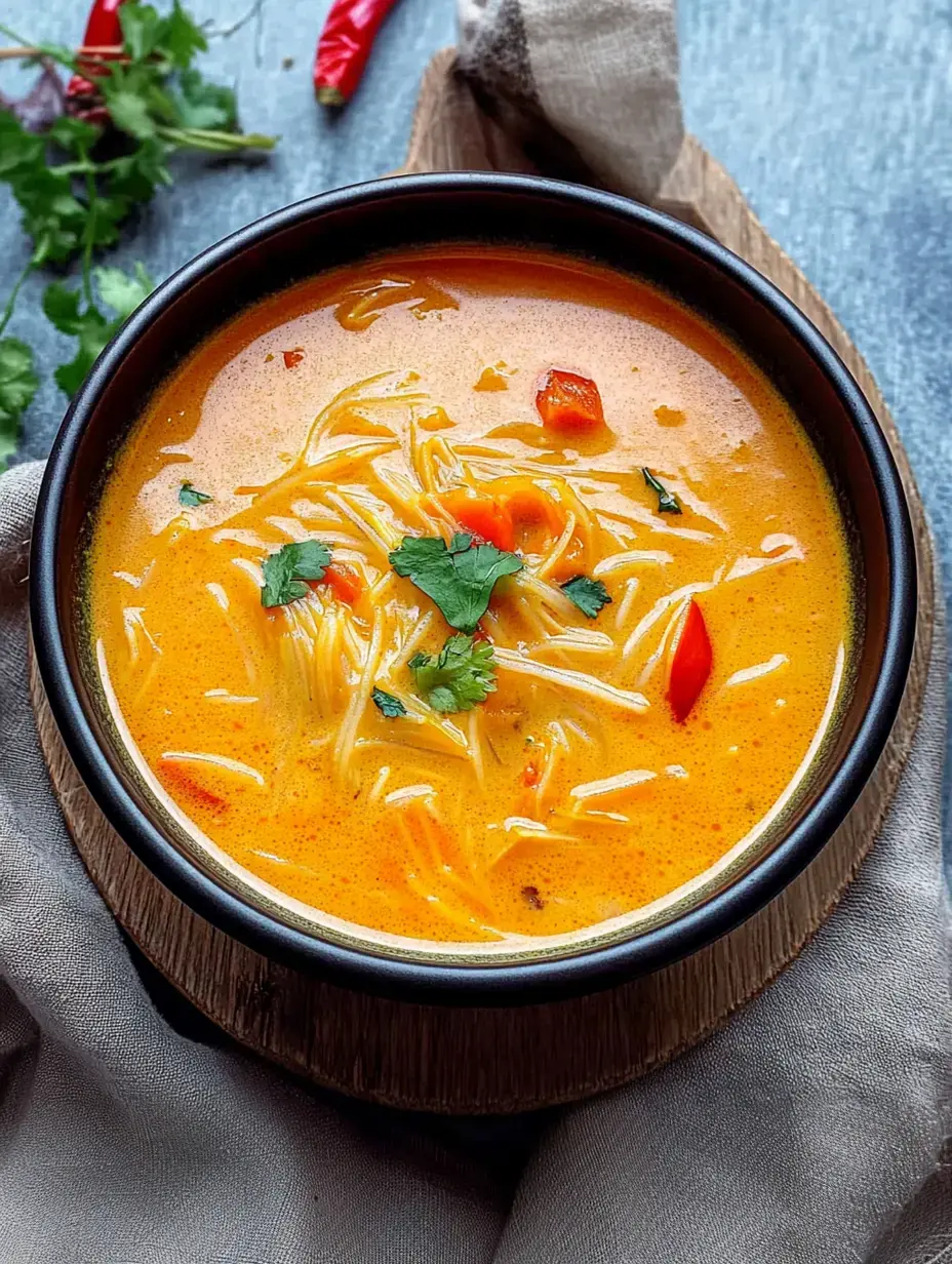 Eine Schale cremige, orangefarbene Suppe mit Nudeln, getoppt mit gehacktem Koriander und roten Paprikastückchen auf einem Holztisch. Im Hintergrund Kräuter und rote Chilis.