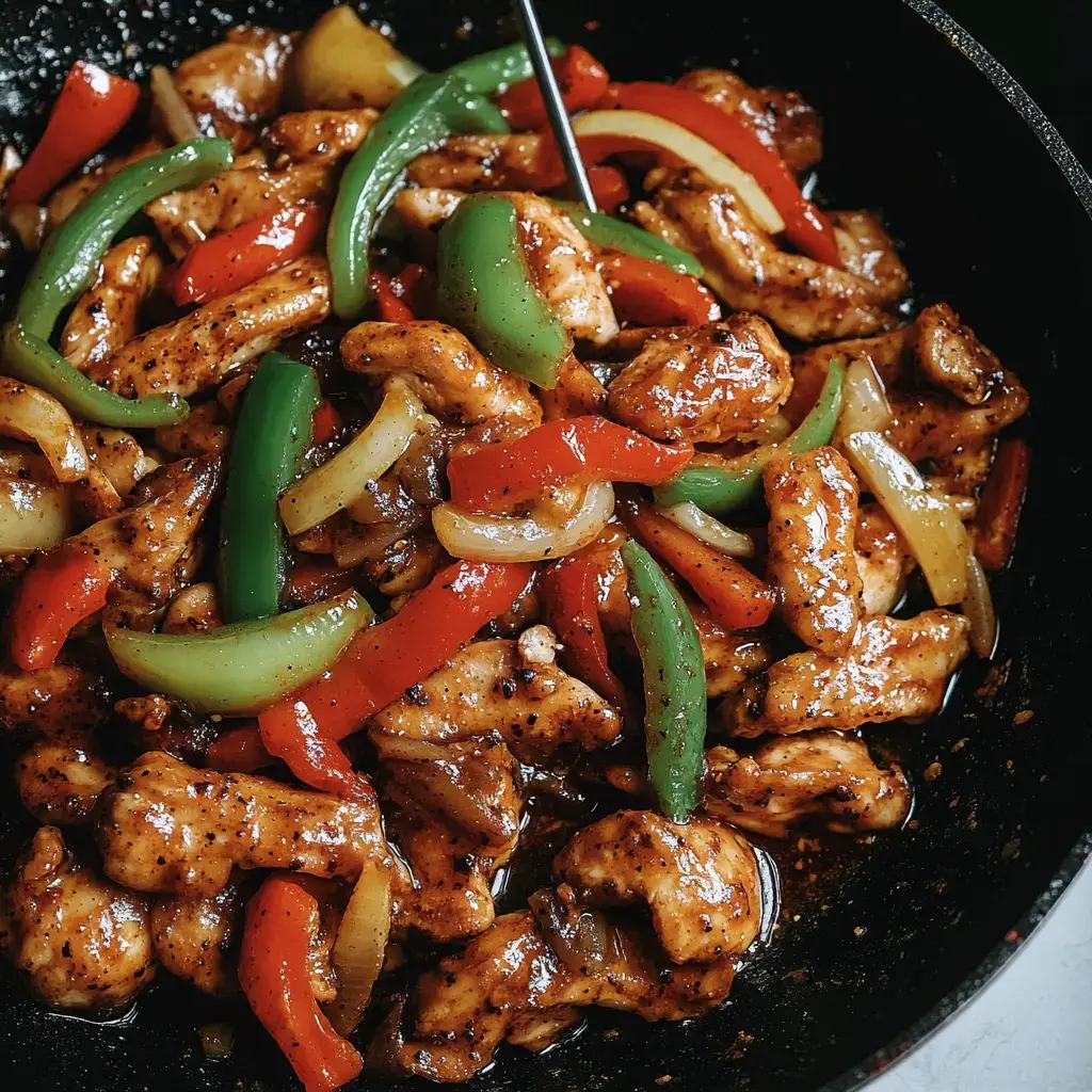 Nahaufnahme: Gebratenes Hähnchen, rote und grüne Paprika und Zwiebeln in dunkler Sauce, angerichtet in einer Pfanne.