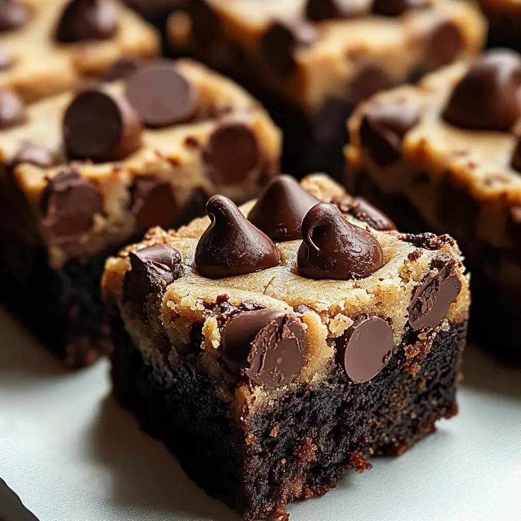 Blick auf einen Brownie mit Cookie Dough Schicht und Schokostücken – die einzelnen Ebenen sind gut zu erkennen.