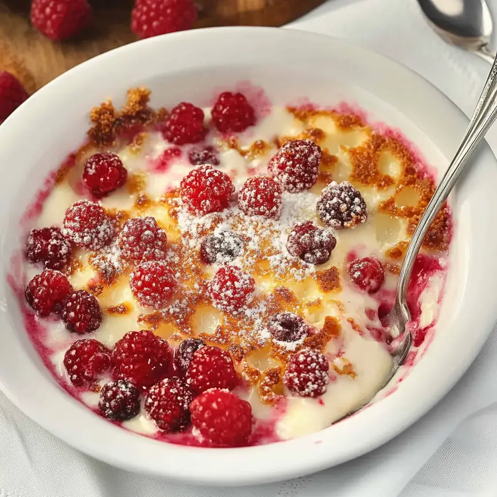 Eine weiße Schale voll cremigem Dessert mit frischen Himbeeren, bestäubt mit Puderzucker und Bröseln.