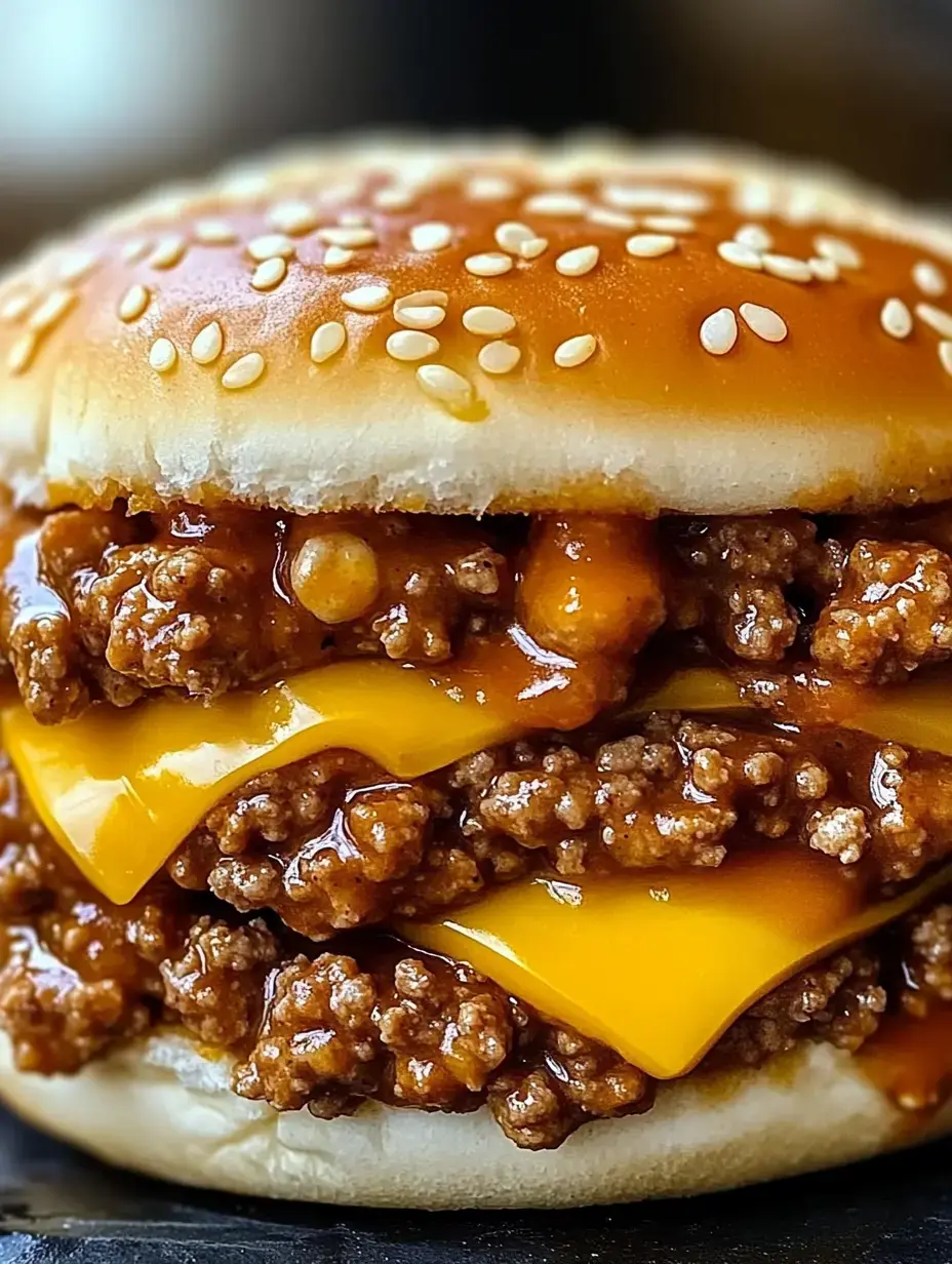 Ein knuspriges Sesambrötchen, gefüllt mit Hackfleisch, schmelzendem Käse und viel Soße – von nah.