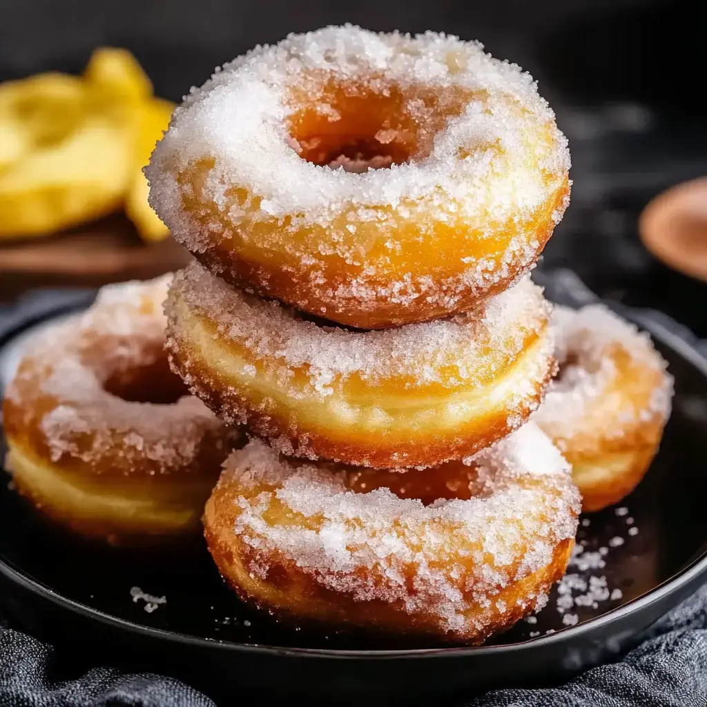 Ein Stapel aus vier zuckrigen Donuts liegt auf einem dunklen Teller, im Hintergrund ist ein gelber Gegenstand verschwommen.