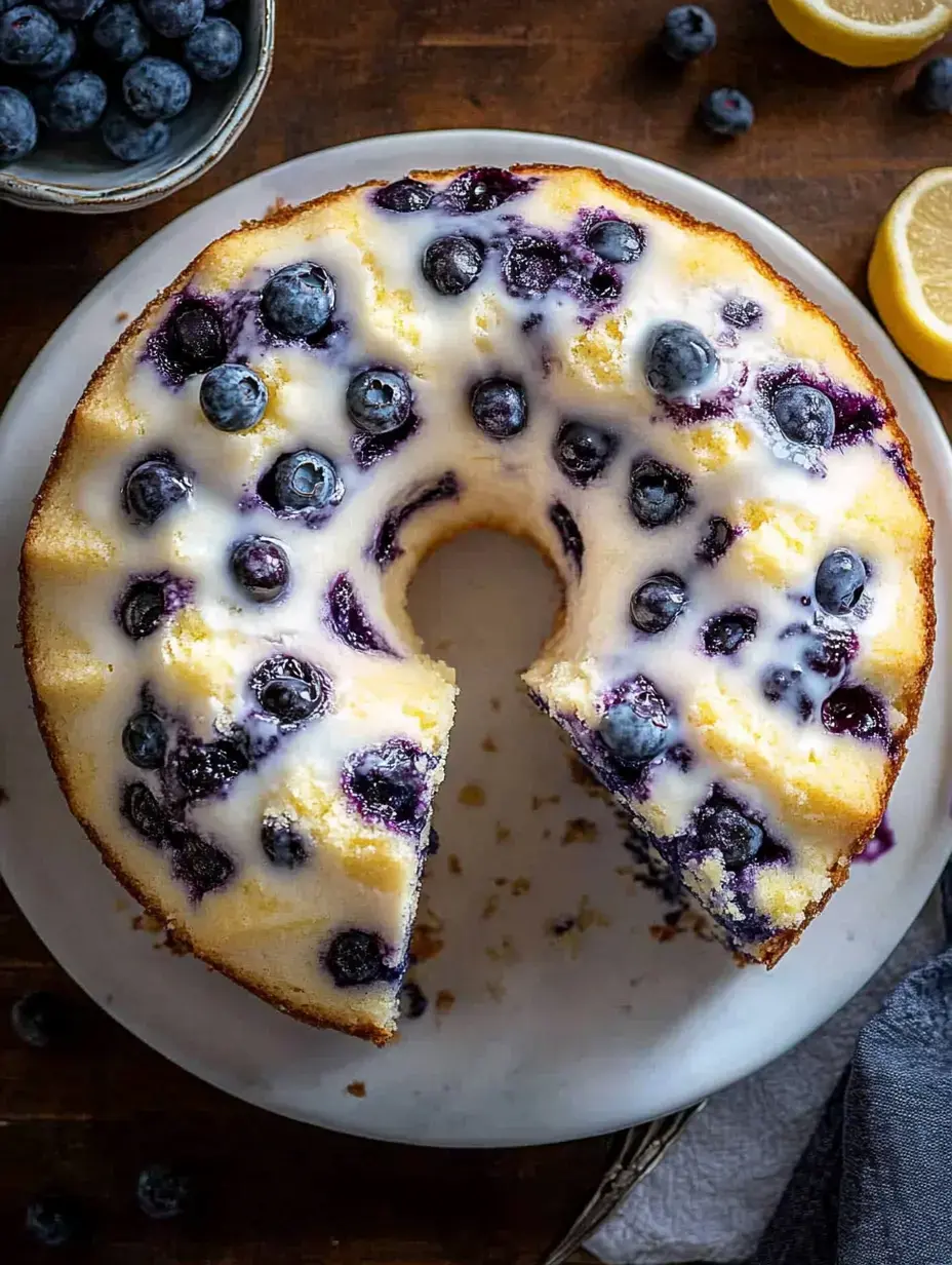 Ein Heidelbeerkuchen mit glänzender Glasur steht auf einem Teller, ein Stück fehlt schon – überall frische Heidelbeeren und eine angeschnittene Zitrone.