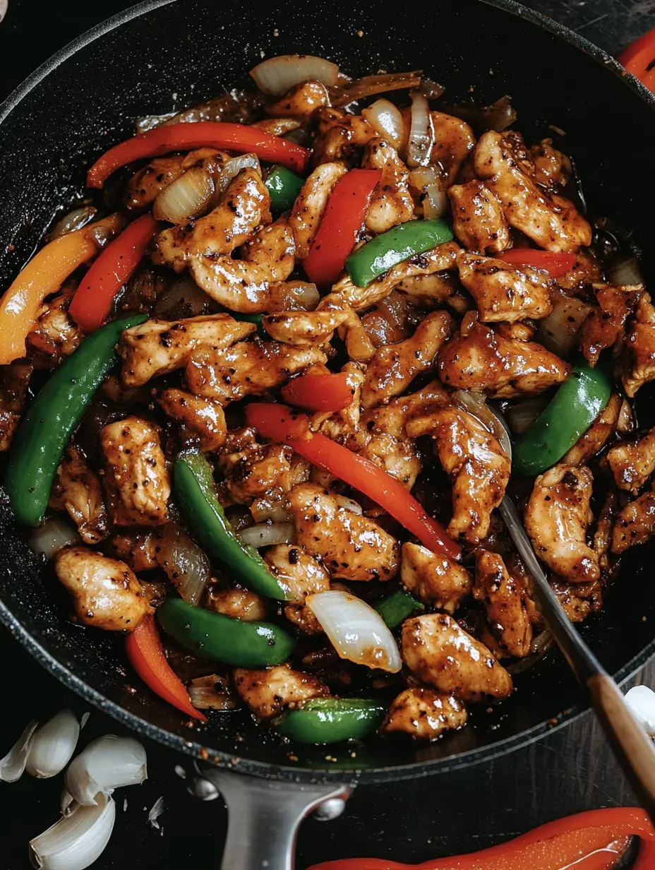 Eine Pfanne mit gebratenem Hähnchen, buntem Paprika und Zwiebeln in glänzender Sauce.