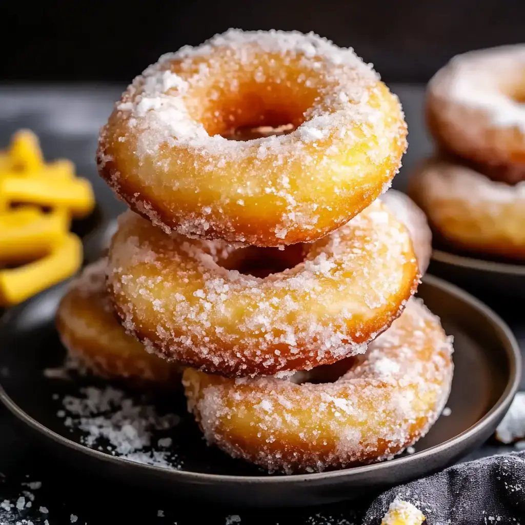Ein Stapel aus vier gezuckerten Donuts liegt auf einem dunklen Teller, hinten sind weitere Donuts und gelbe Formen verschwommen zu sehen.