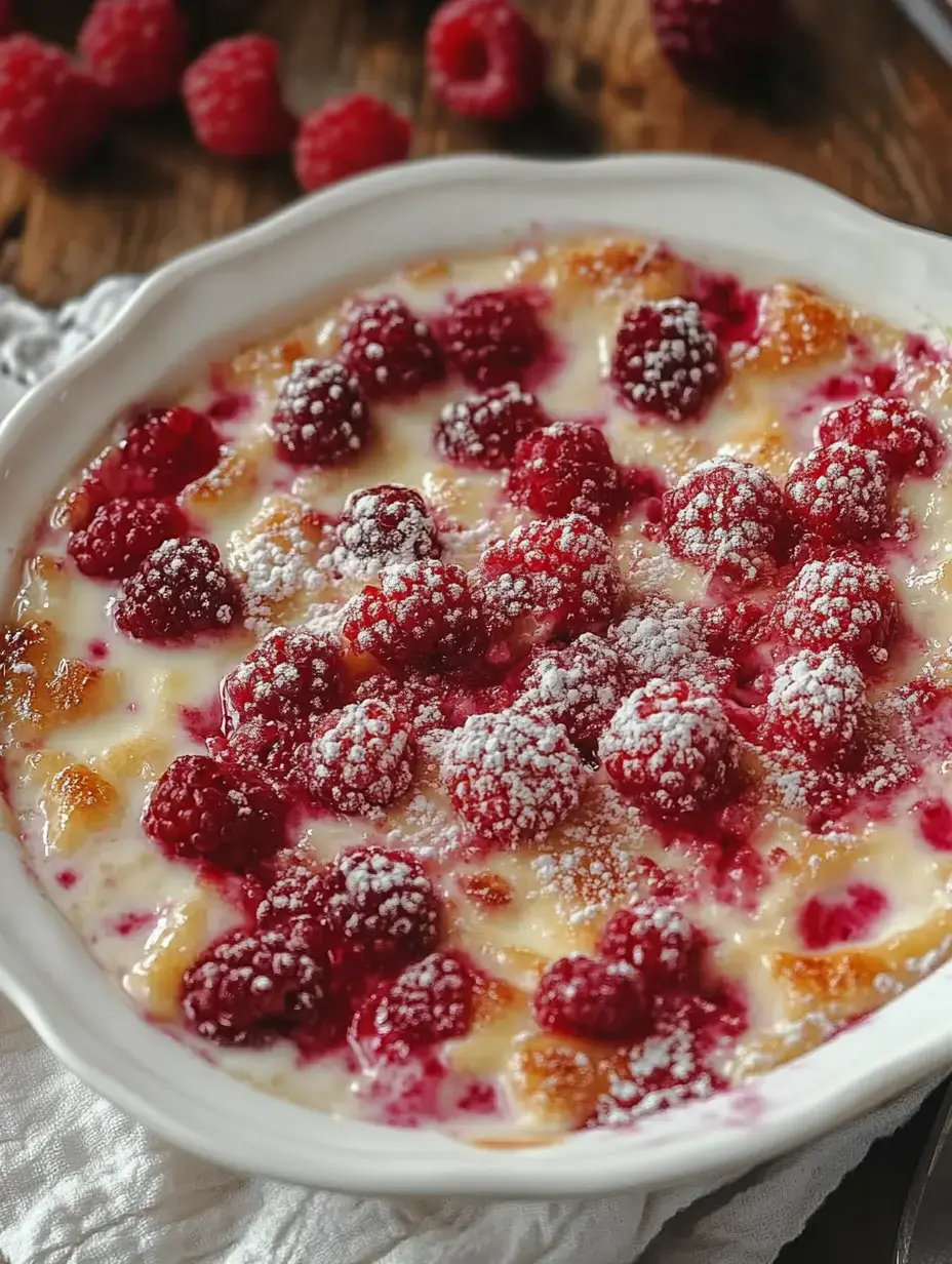 Cremiges Dessert mit frischen Himbeeren und Puderzucker, serviert in einer weißen Schale.