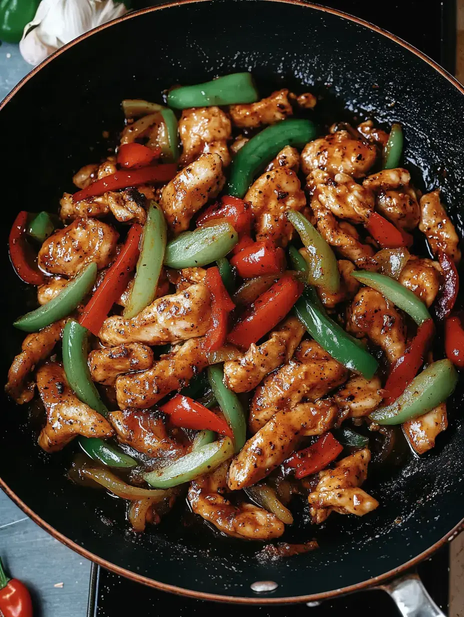 Gebratenes Hähnchen mit buntem Paprika in dunkler Sauce, serviert in einer schwarzen Pfanne.