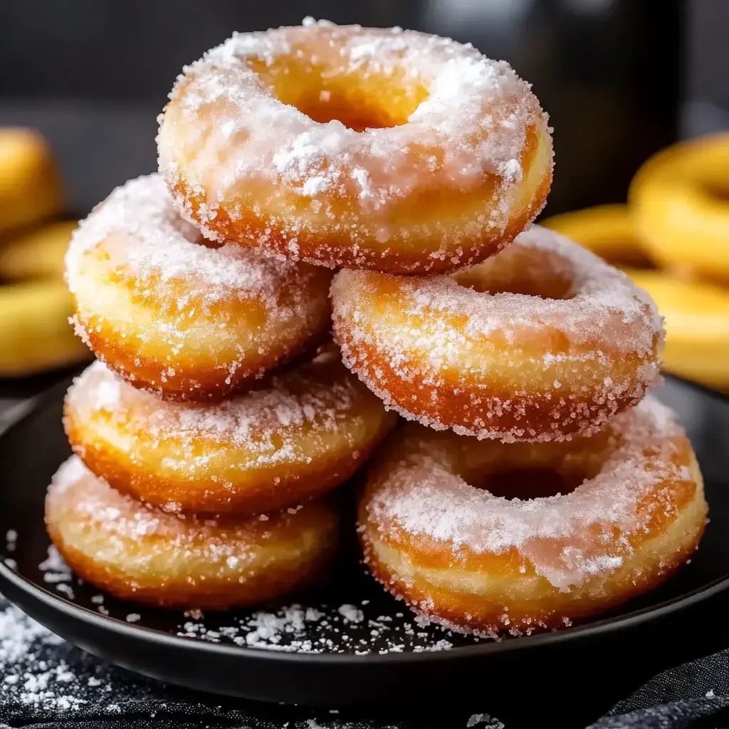 Ein Stapel aus vier glasierten Donuts mit Puderzucker auf einem schwarzen Teller, im Hintergrund liegen noch mehr Donuts.