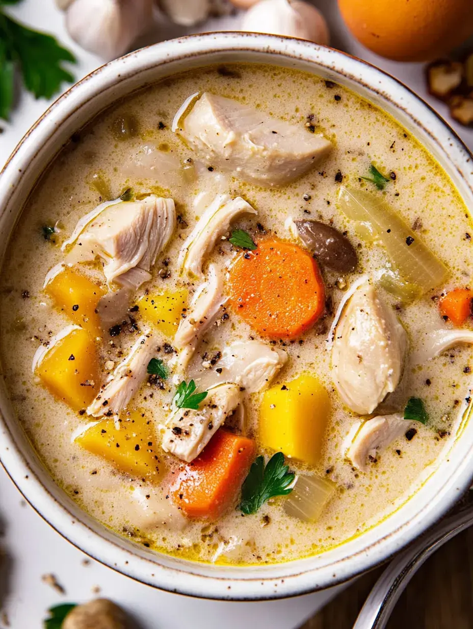 Eine Schale cremige Suppe mit Huhn, Möhren und Zucchini, garniert mit etwas Petersilie.