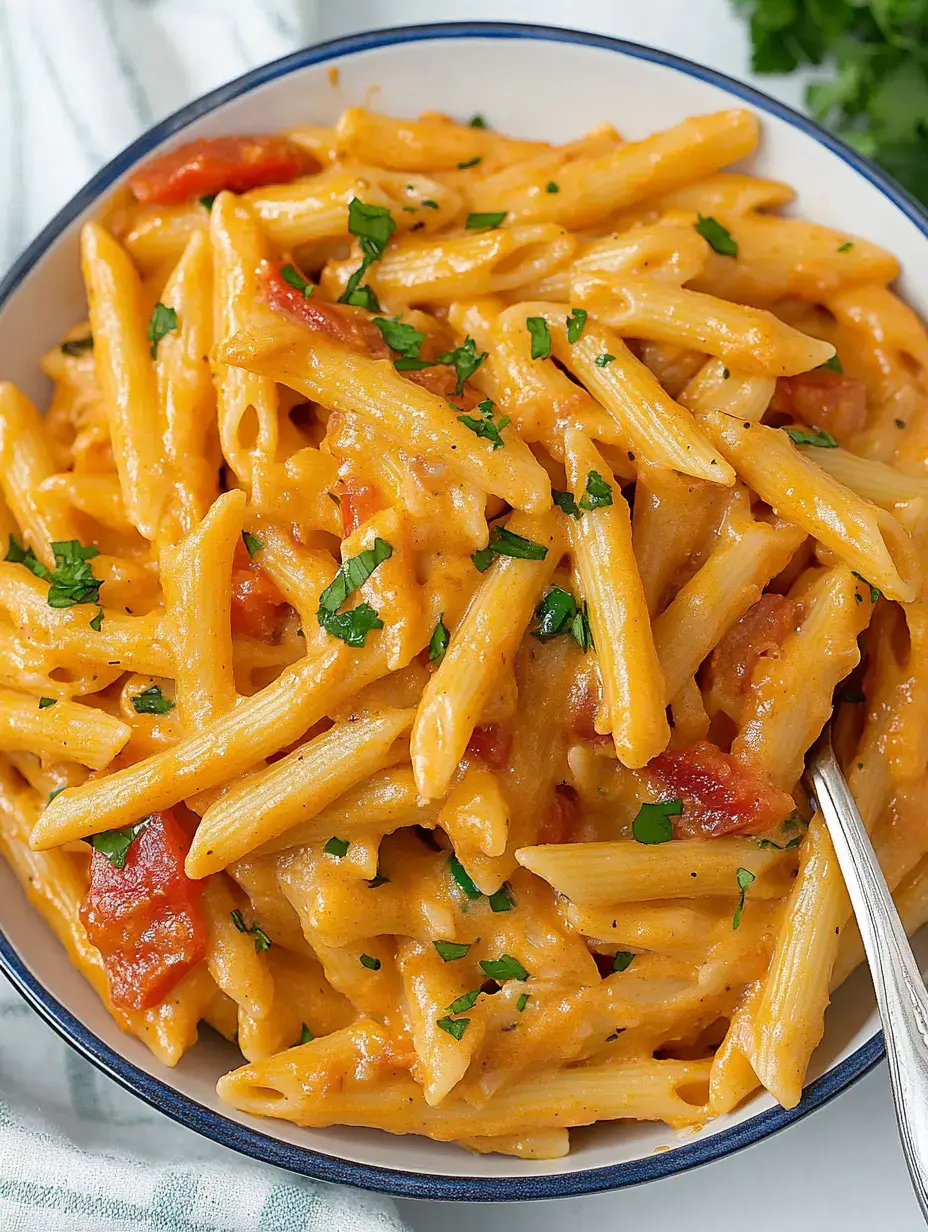 Eine Schüssel cremige Penne Pasta mit gewürfelten Tomaten und frischer Petersilie garniert.