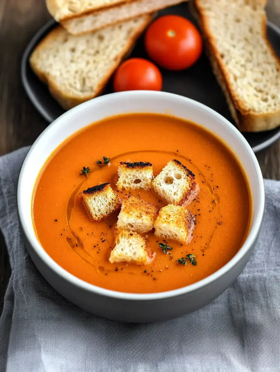 Eine Schüssel samtige Tomatensuppe mit Croûtons und Olivenöl, dazu Brotscheiben und Cherrytomaten.
