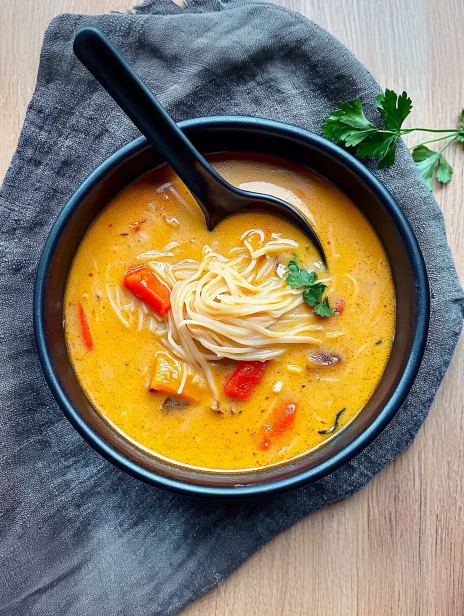 Schale dampfende Nudelsuppe mit viel Gemüse, dekoriert mit Koriander. Ruht auf einem grauen Tuch.