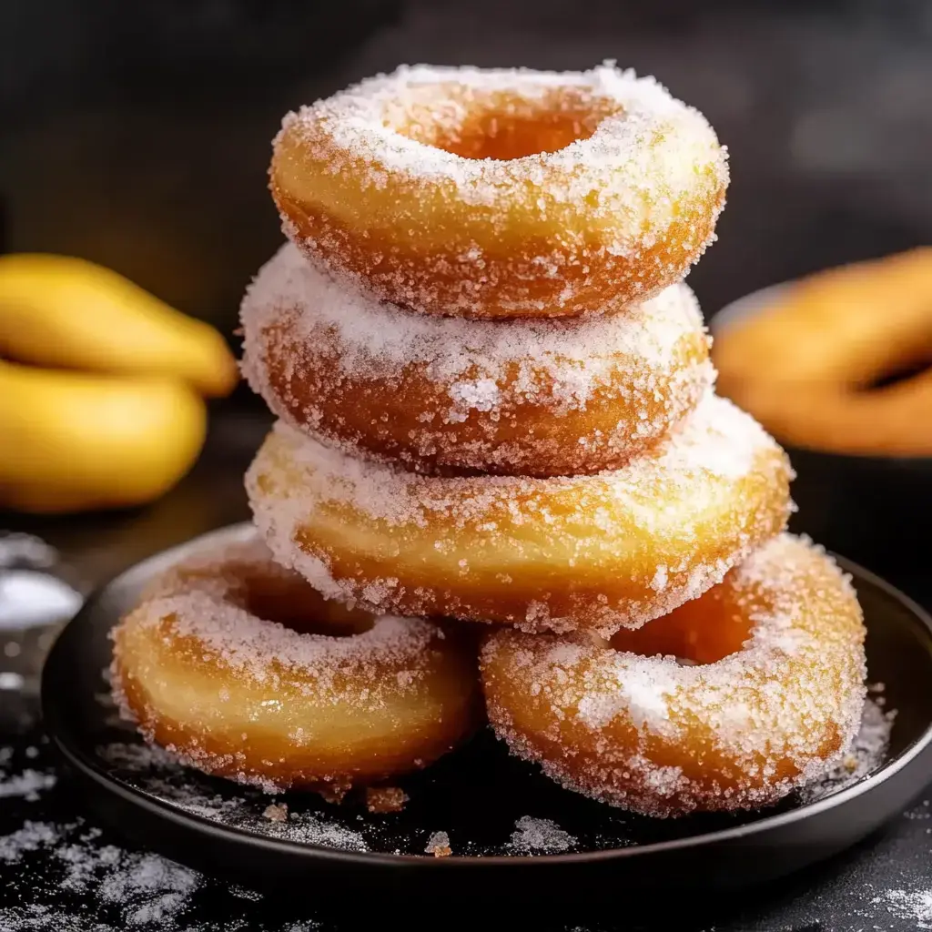 Ein Stapel aus fünf glasierten Donuts mit Zucker auf einem schwarzen Teller, dahinter weitere Donuts und unscharfes gelbes Obst.