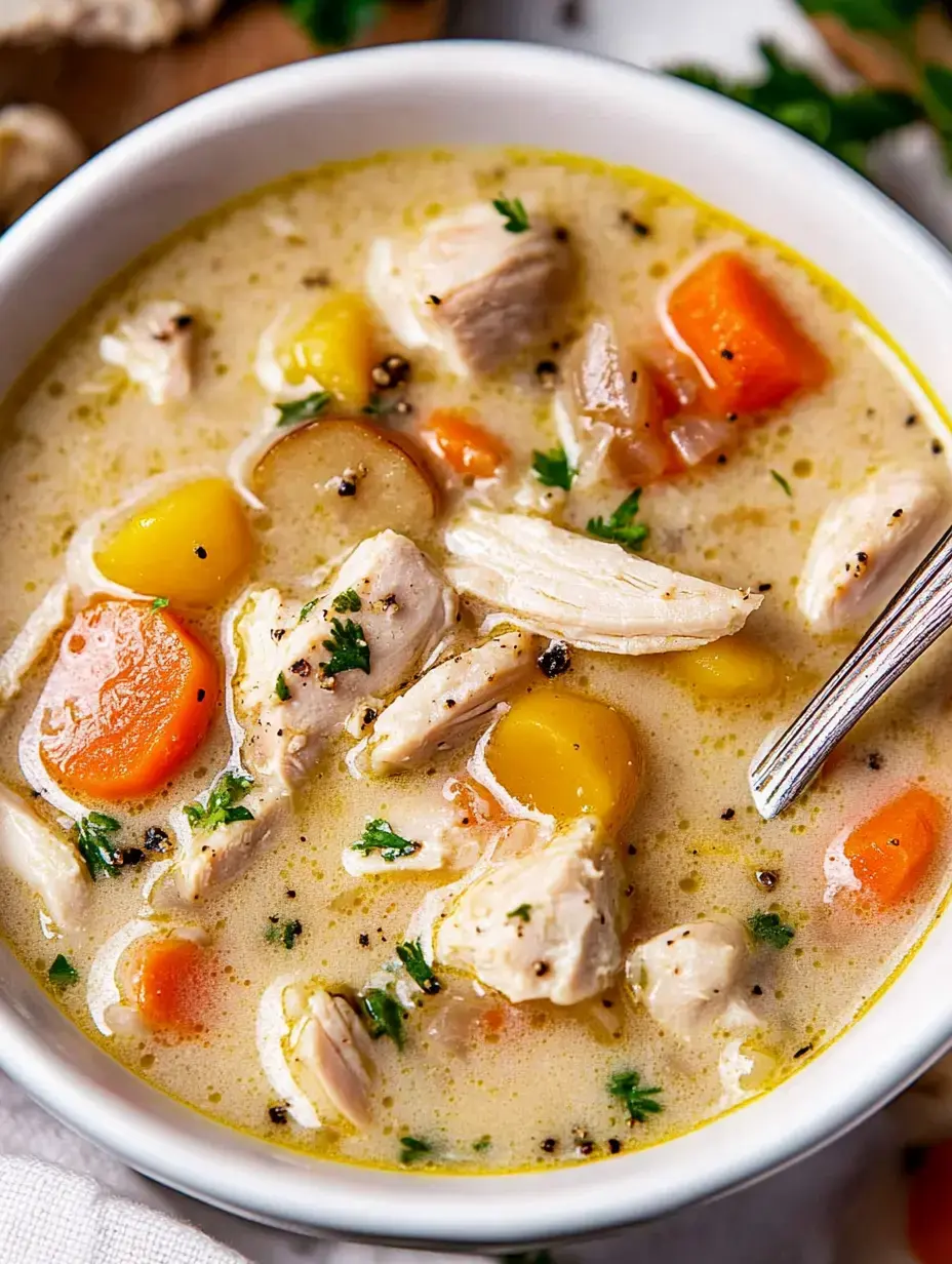 Nahaufnahme von cremiger Suppe mit Huhn, Möhren und gelbem Gemüse, getoppt mit Petersilie.