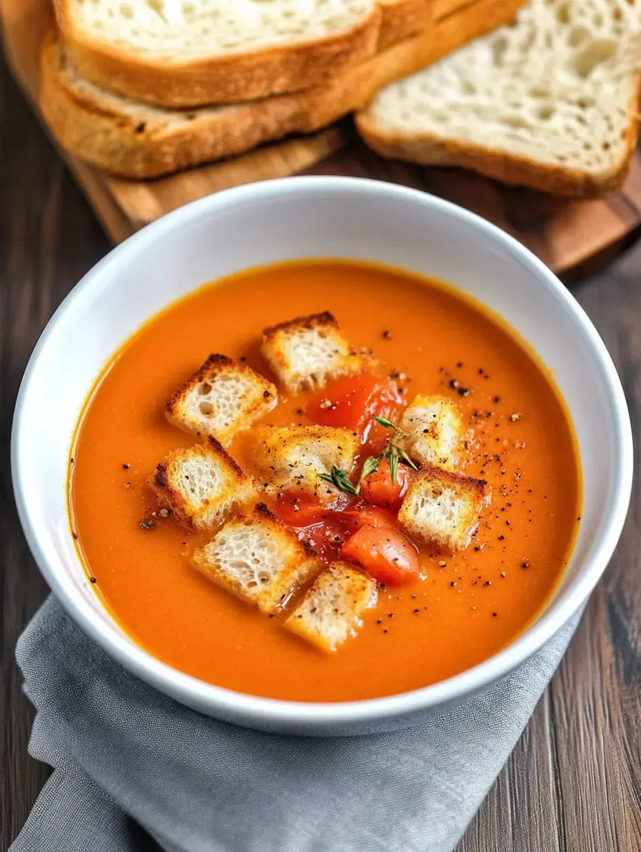 Eine Schüssel Tomatensuppe mit Croûtons und Tomatenstückchen, dazu Brotscheiben auf Holzbrett.