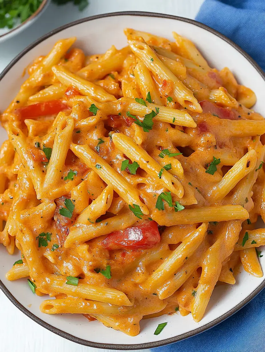Eine cremige Pasta mit Tomaten und gehackter Petersilie, serviert in einer weißen Schale.