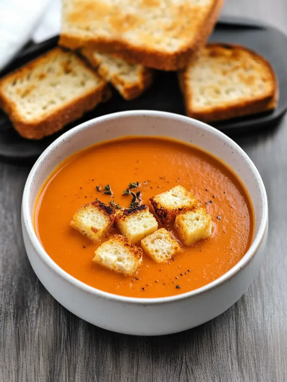 Eine Schüssel orangene Suppe mit Croûtons und Thymian dazu getoastete Brotscheiben.
