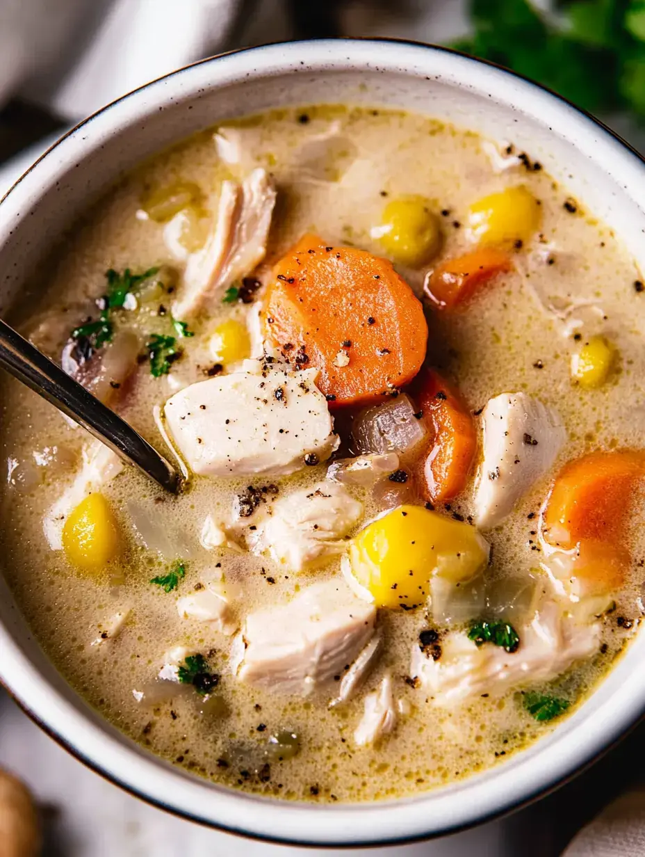 Eine Schale cremige Hühnersuppe voll mit Fleisch, Möhren und frischen Kräutern.
