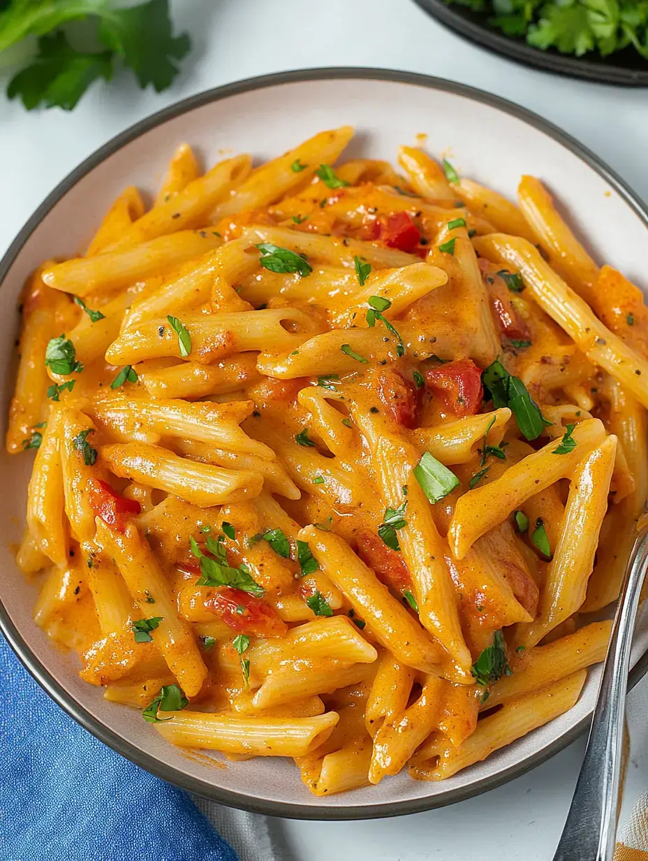 Ein Teller cremige Penne mit Tomaten und frischer Petersilie.