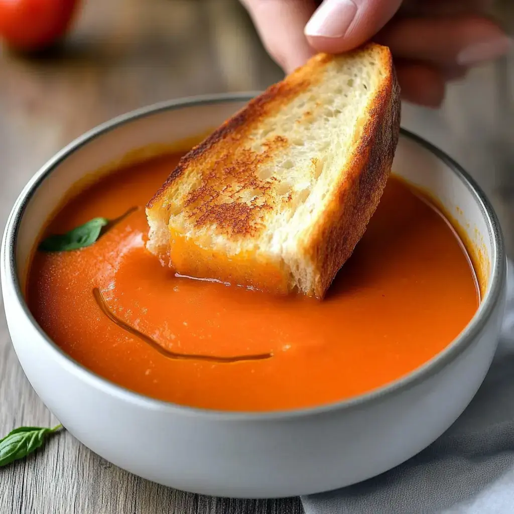 Ein Stück getoastetes Brot wird in eine Schale orangene Suppe getunkt, oben drauf liegt ein Basilikumblatt.
