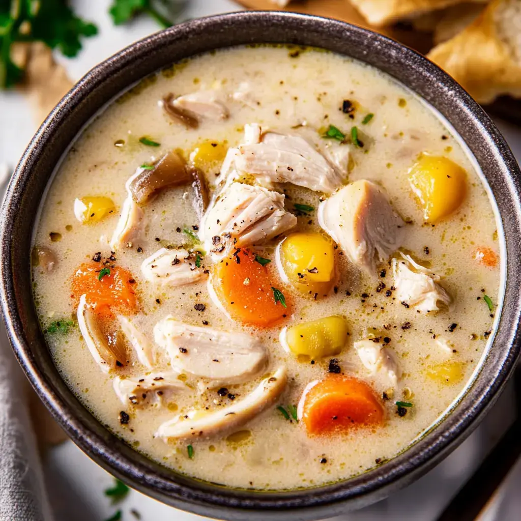 Nahaufnahme einer Schale cremiger Hühnchensuppe mit Möhren, buntem Gemüse und frischen Kräutern obenauf.
