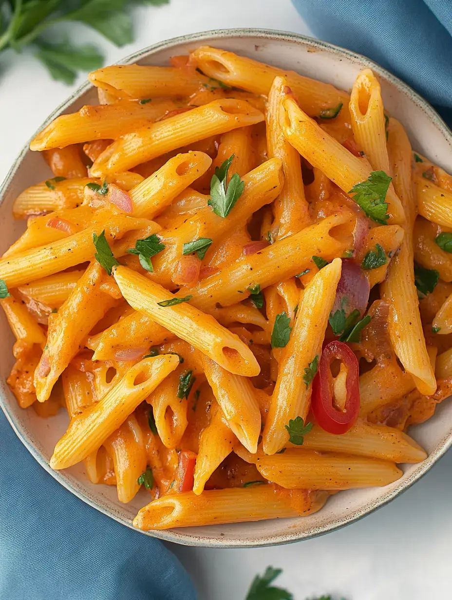 Eine Schüssel cremige Penne Pasta, garniert mit frischer Petersilie und roten Chilistreifen.
