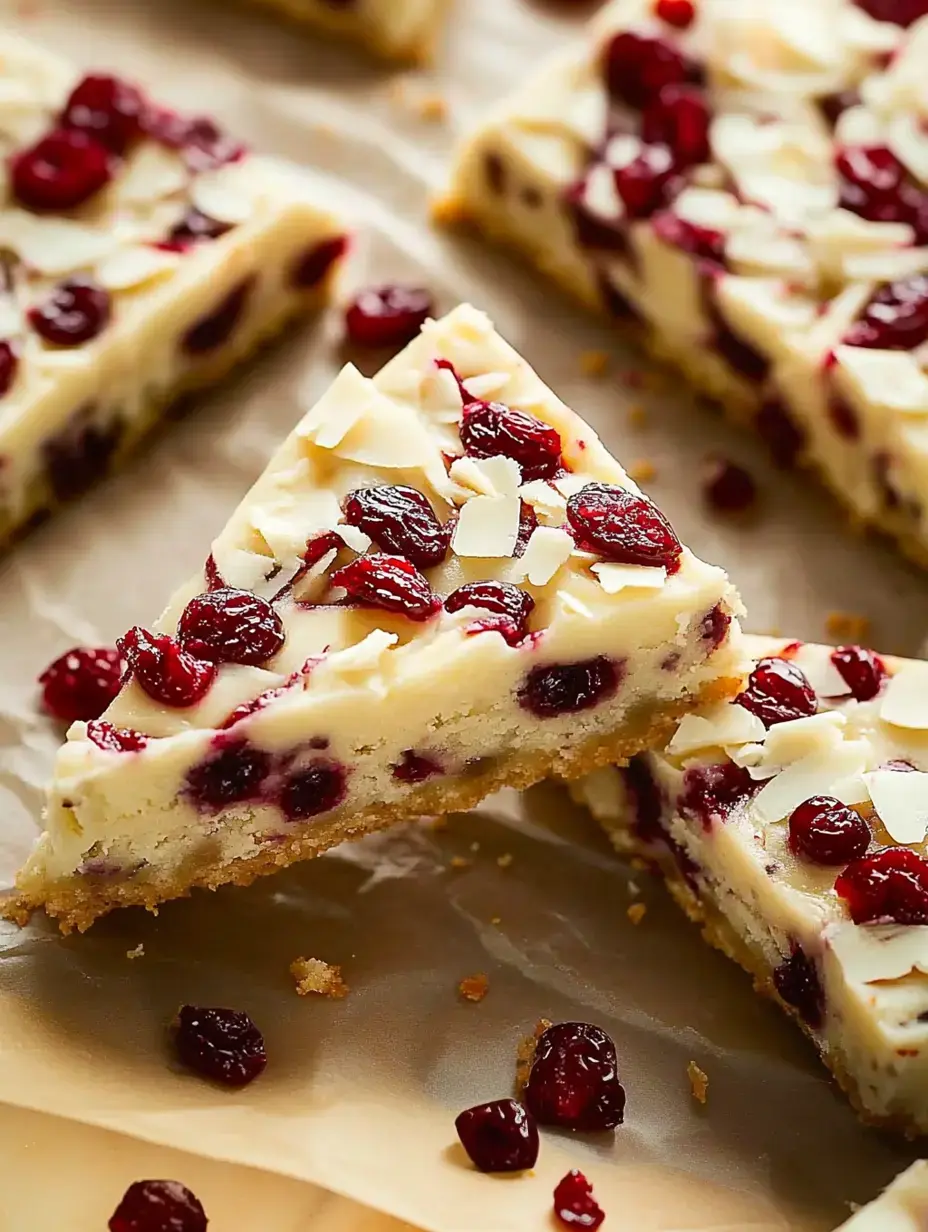 Ein Stück cremiger Käsekuchen mit Cranberries und Mandeln liegt auf Backpapier, daneben weitere Stücke.