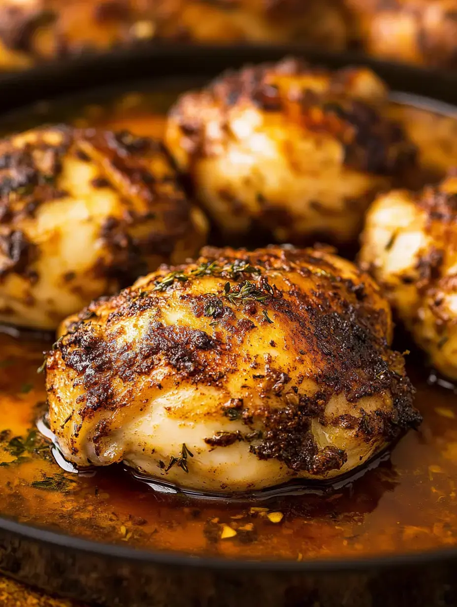 Knusprig gebackene Hähnchenteile mit kräftigen Gewürzen liegen in einer aromatischen Sauce.