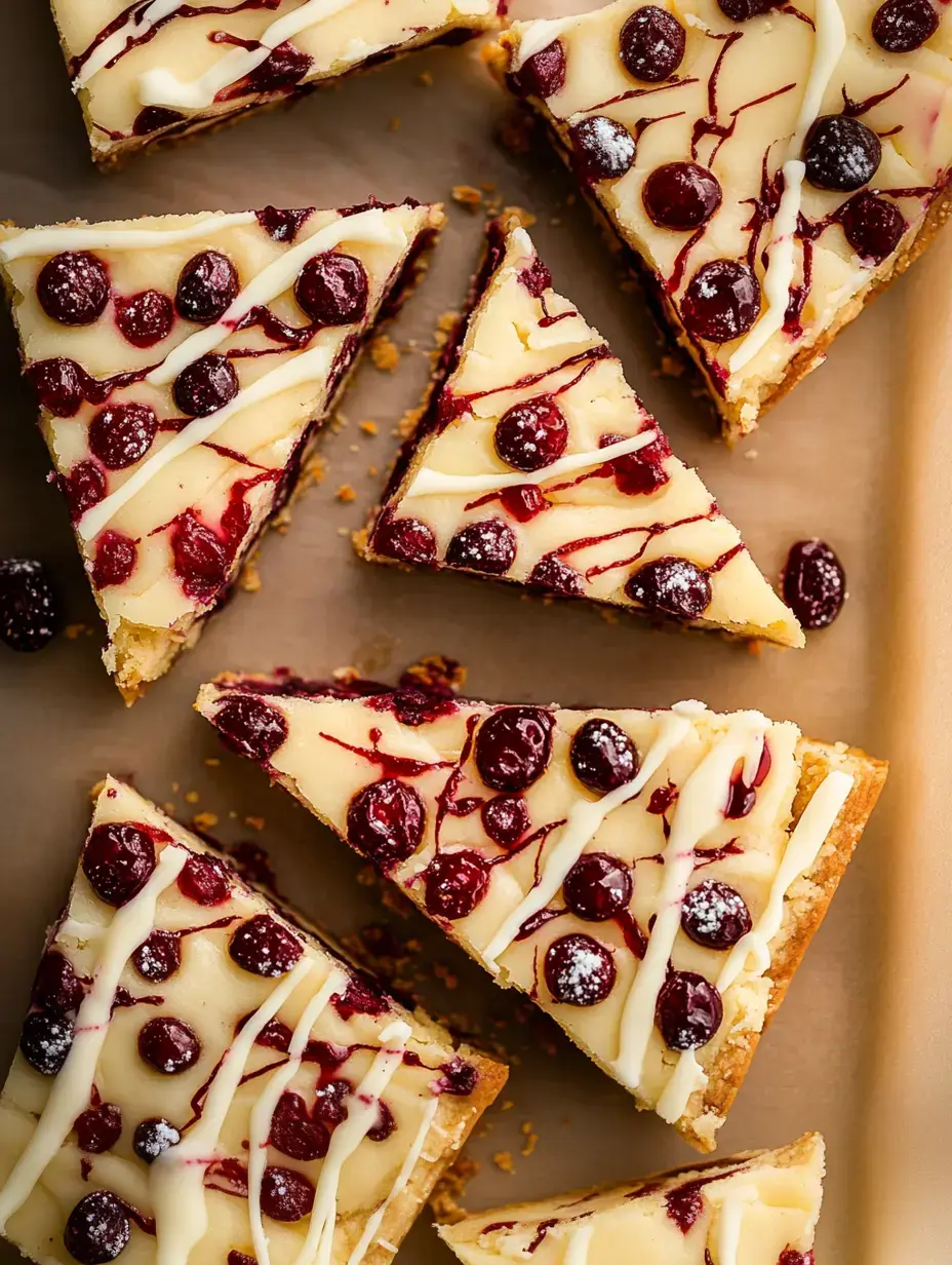 Mehrere Dreiecksstücke eines cremigen Desserts mit roten Beeren und weißem Zuckerguss aus der Nähe.