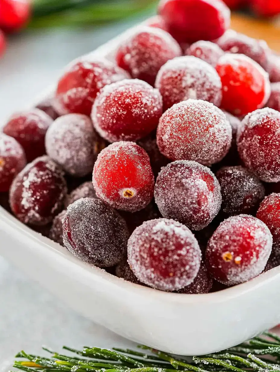 Nahaufnahme von gezuckerten Cranberries in einer Schale, im Hintergrund sieht man etwas Grün.