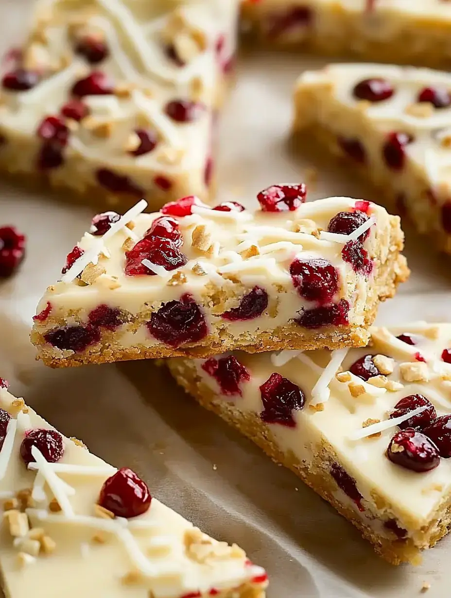 Nahaufnahme von Cranberry-Riegeln mit weißer Schokolade, gehackten Nüssen und Schokodrizzle auf Backpapier.