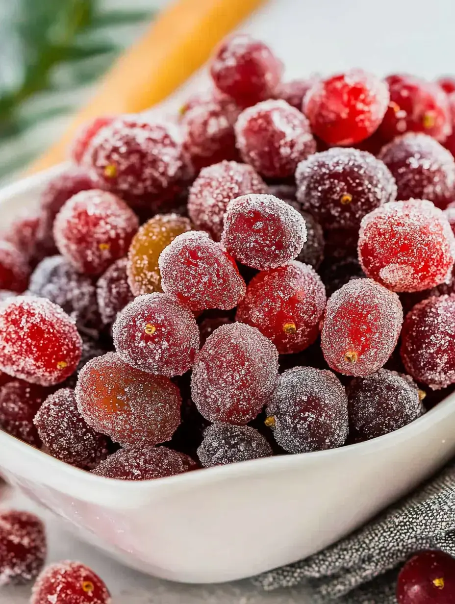 Nahaufnahme einer Schale mit gefrorenen, gezuckerten Trauben in Rot und Dunkellila.
