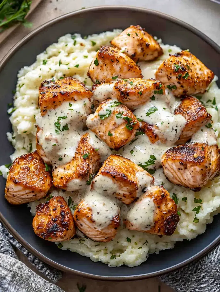 Ein Teller mit gegrillten Lachs-Stücken, getoppt mit cremiger Soße, auf Kartoffelpüree serviert und mit Kräutern garniert.
