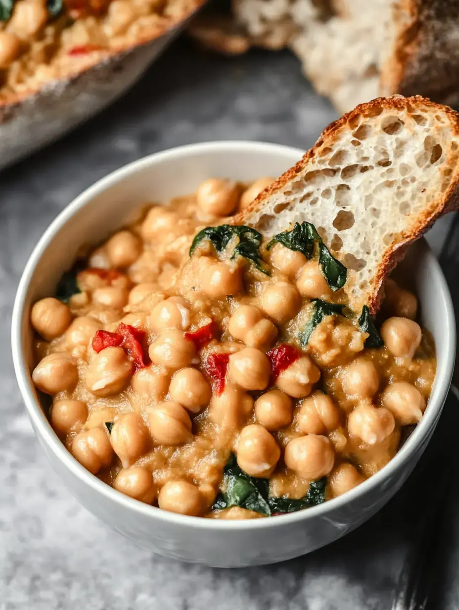 Eine Schale mit cremigem Kichererbsen-Eintopf mit Spinat und roter Paprika, dazu eine Scheibe knuspriges Brot zum Tunken.