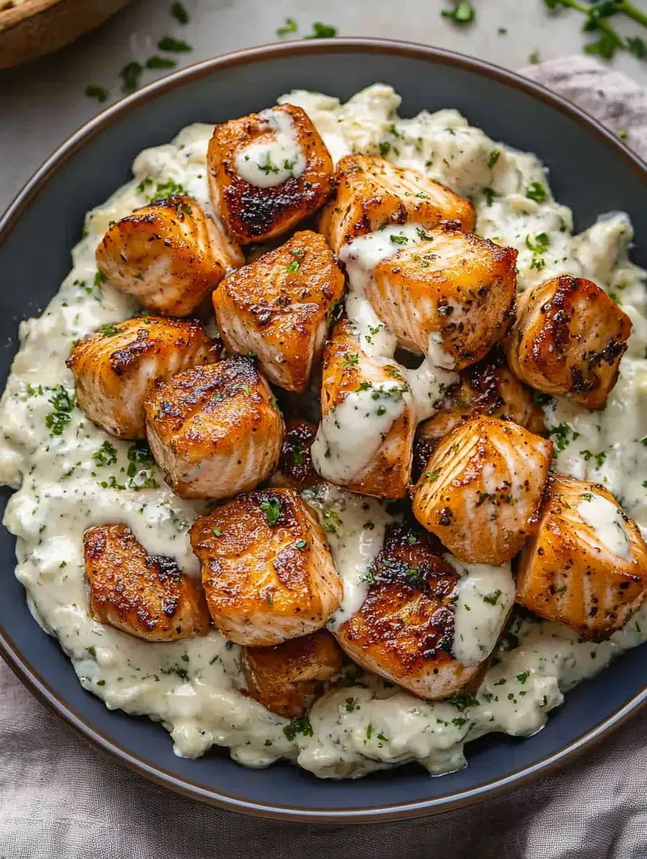 Eine Schale mit gegrillten Lachs-Würfeln und cremiger Soße, auf Kartoffelpüree serviert und mit Petersilie bestreut.