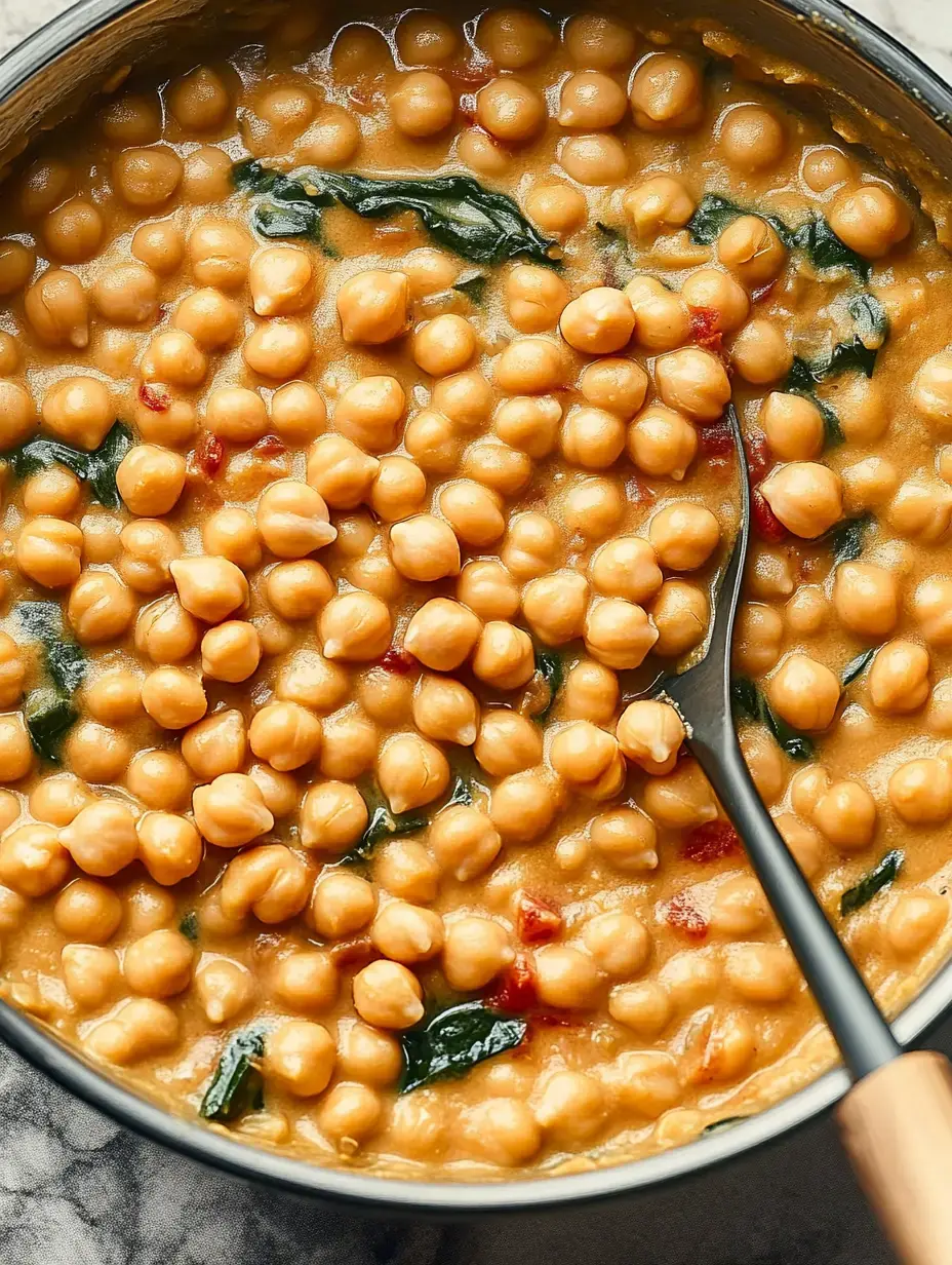 Nahaufnahme von einem cremigen Gericht mit Kichererbsen und Spinat in würziger Sauce.