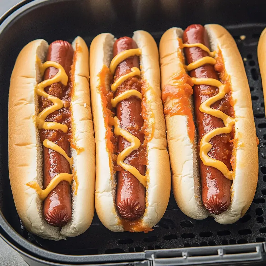 Drei Hot Dogs liegen in weichen Brötchen, belegt mit Senf und einer Schicht Chili, ordentlich in einem schwarzen Behälter angerichtet.