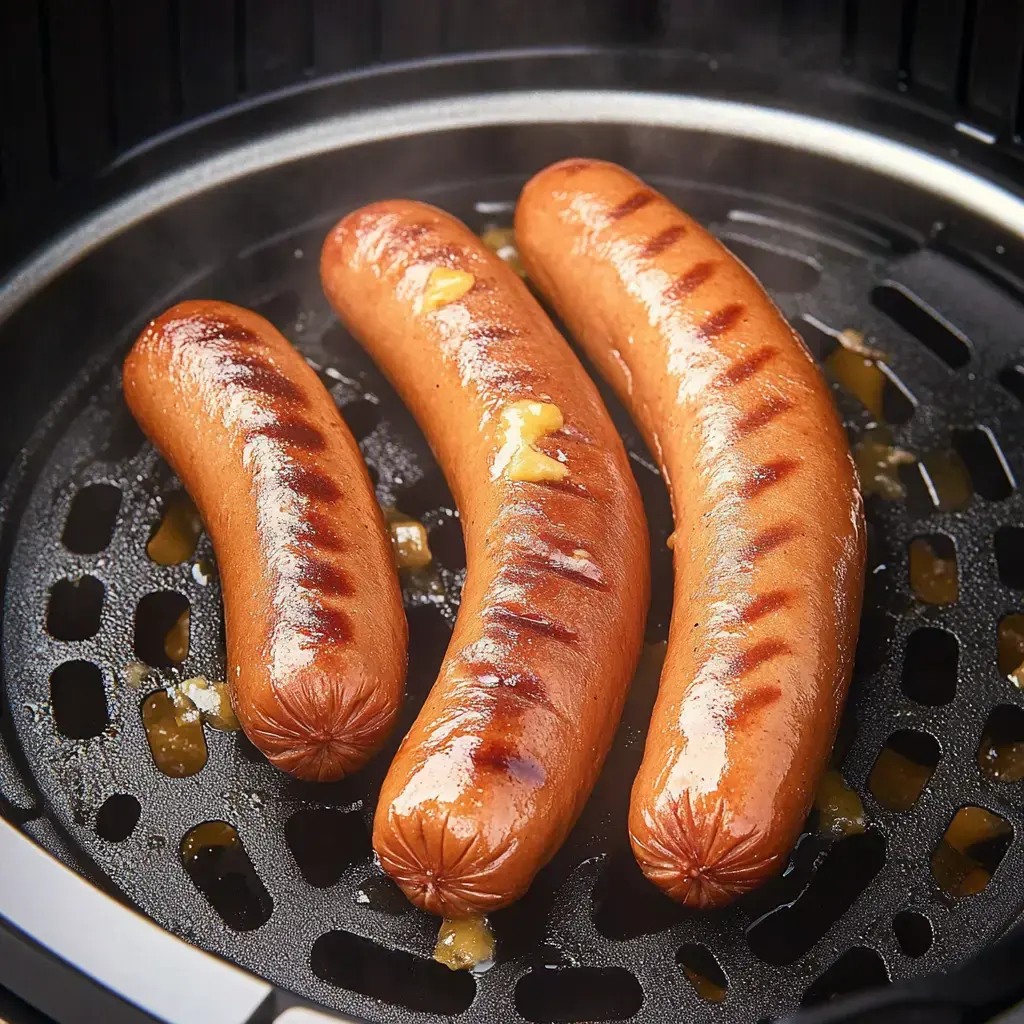 Drei gebratene Würstchen liegen im Korb der Heißluftfritteuse, Dampf steigt auf, und man sieht Gewürze auf ihnen.
