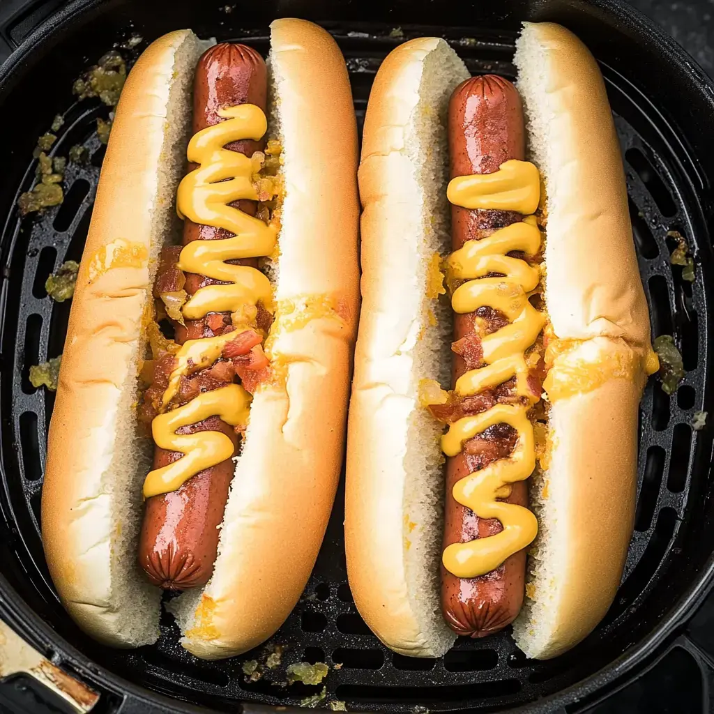 Zwei Hot Dogs mit Senf liegen in frisch aufgeschnittenen Brötchen auf einem schwarzen Blech der Heißluftfritteuse.