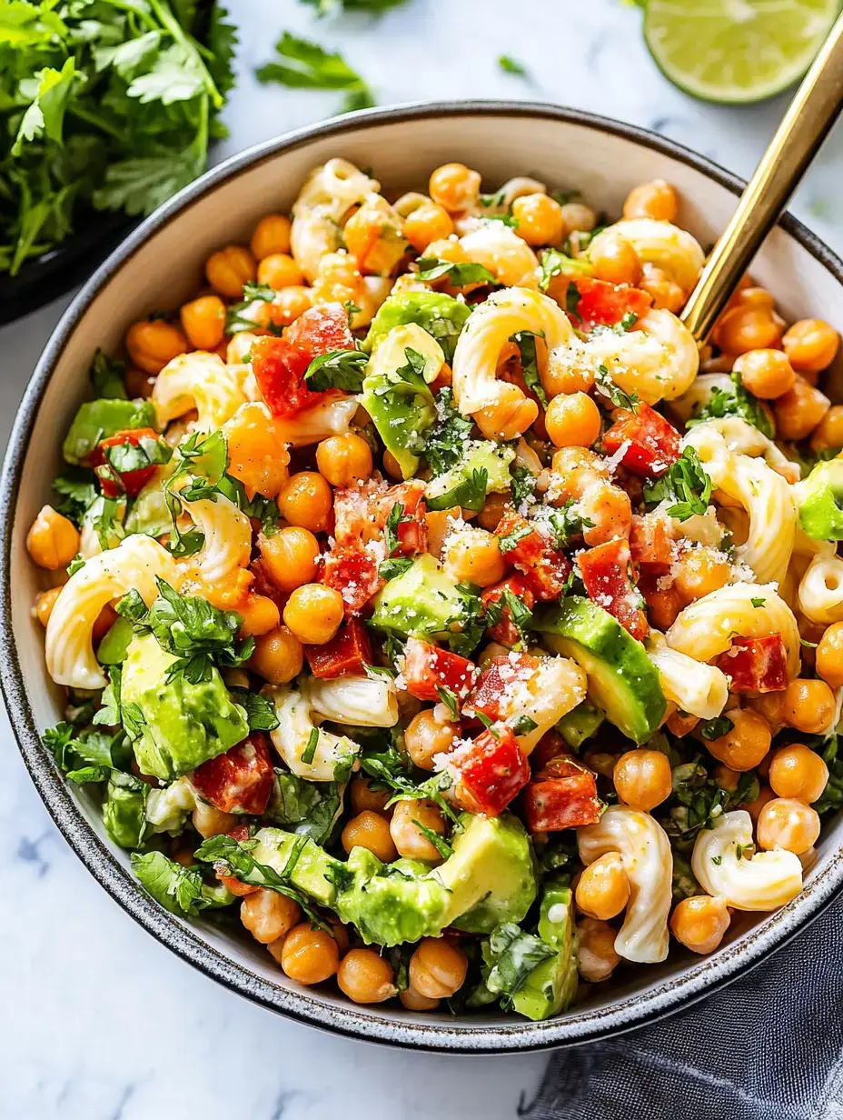 Ein Teller Nudelsalat mit Kichererbsen, Tomatenwürfeln, Avocado und Koriander, mit Limettenspalte und goldenem Löffel.