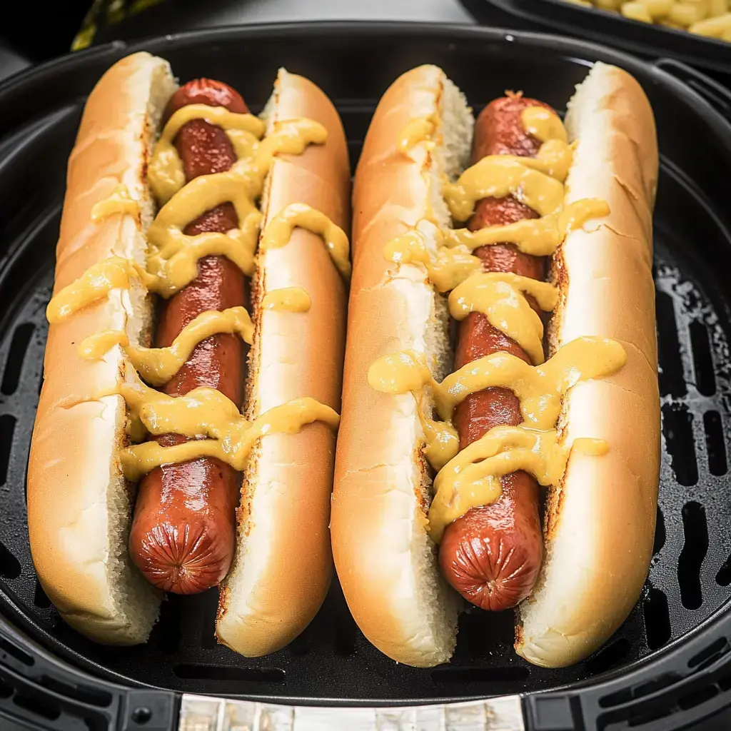 Zwei Hot Dogs werden in weiche Brötchen gelegt, bestrichen mit gelbem Senf, angerichtet in einem schwarzen Behälter.