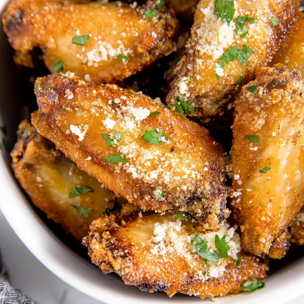 Knusprige Hähnchenflügel mit Petersilie und Parmesan in einer weißen Schüssel.